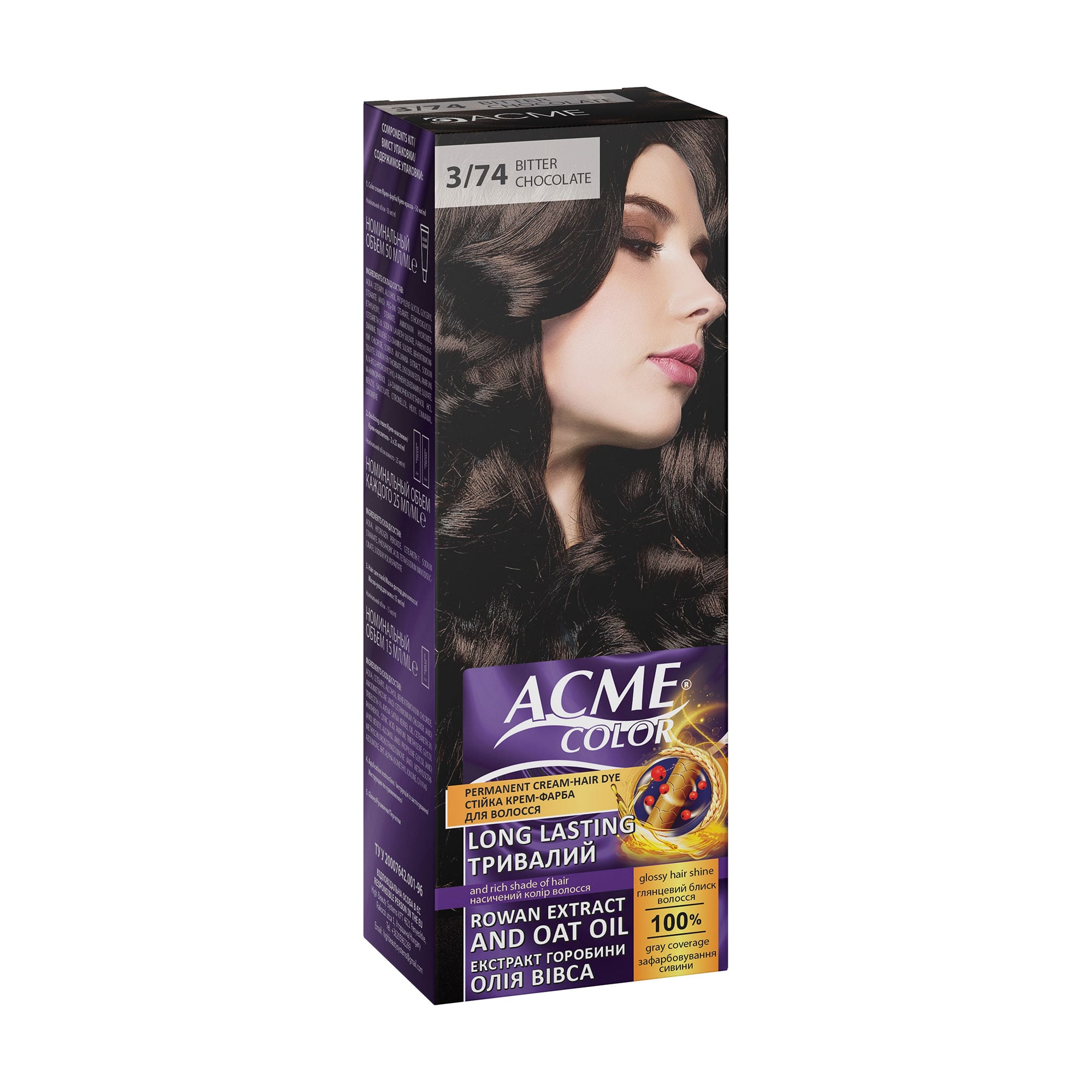 Стійка крем-фарба для волосся Acme Color Permanent Cream-Hair Dye 3/74 Bitter Chocolate, 115 мл