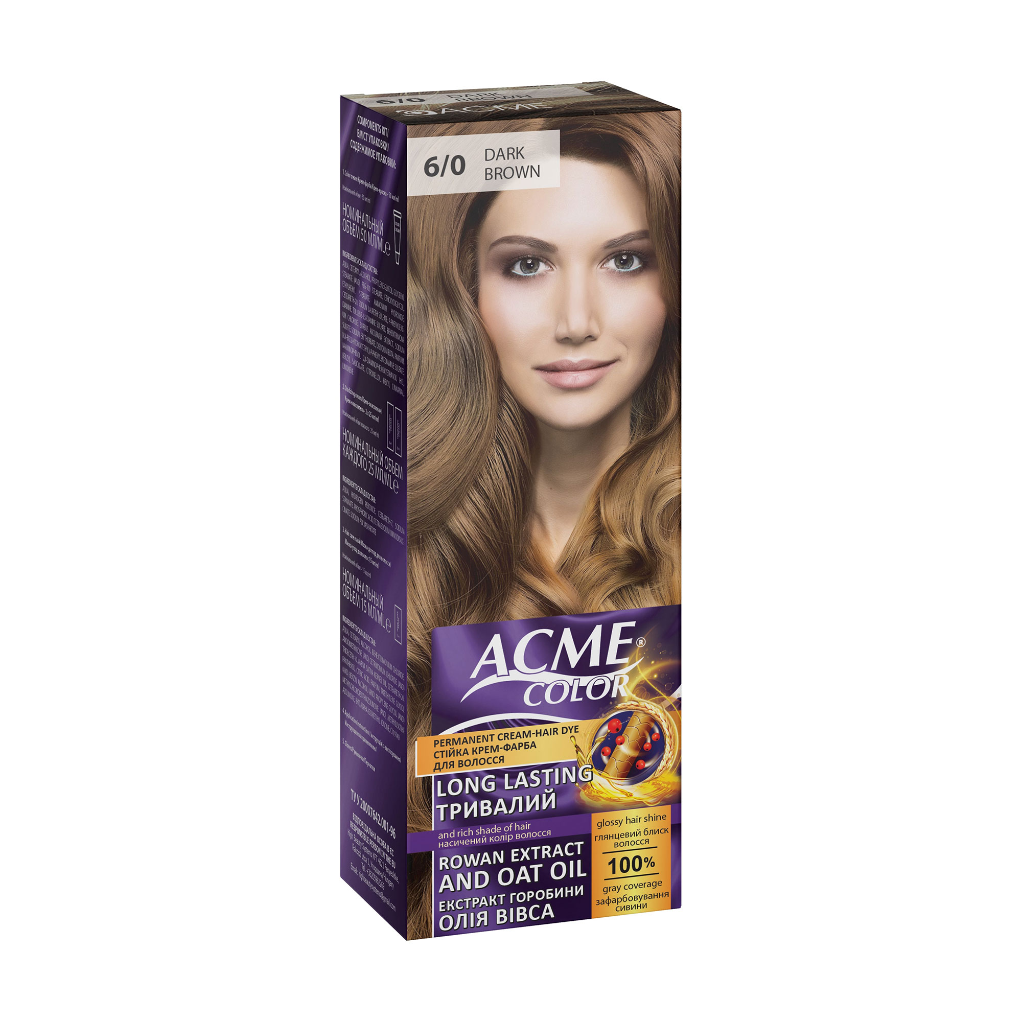 Стійка крем-фарба для волосся Acme Color Permanent Cream-Hair Dye 6/0 Dark Brown, 115 мл